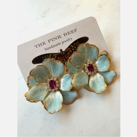 NWT Anthropologie The Pink Reef Handpainted Earrings Hawaiian Blue - Picture 5 of 8